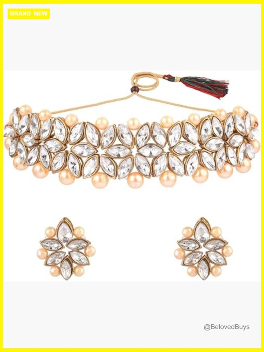 Indian Kundan Pearl Choker Necklace Set With Earrings